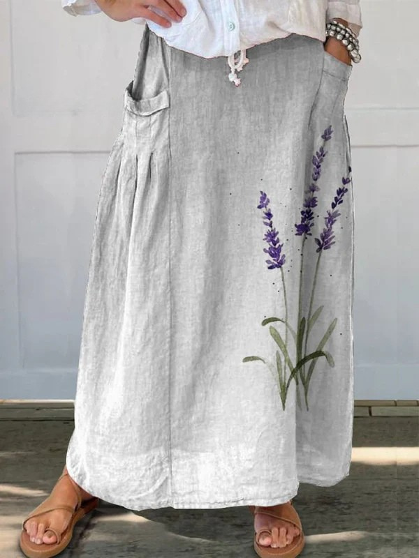 Falda Maxi de Lino Floral Blanca Sin Esfuerzo para Mujeres con Cintura Ajustable Estilo A Line Relajada