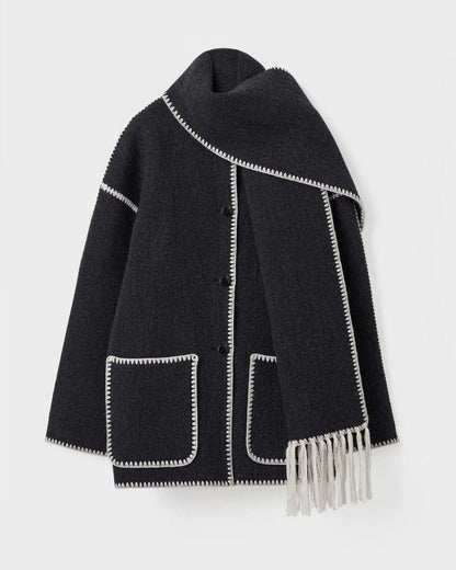 Elegante Capa de Lana para Mujeres con Cuello de Bufanda, Manga Larga, Costura a Mano y Flecos en Estilo Oversized