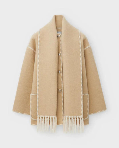 Elegante Capa de Lana para Mujeres con Cuello de Bufanda, Manga Larga, Costura a Mano y Flecos en Estilo Oversized
