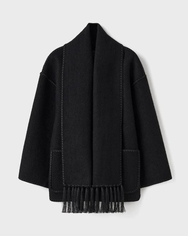 Elegante Capa de Lana para Mujeres con Cuello de Bufanda, Manga Larga, Costura a Mano y Flecos en Estilo Oversized