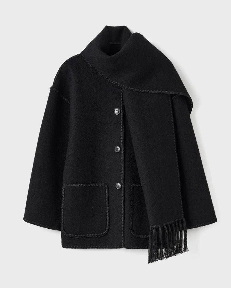 Elegante Capa de Lana para Mujeres con Cuello de Bufanda, Manga Larga, Costura a Mano y Flecos en Estilo Oversized