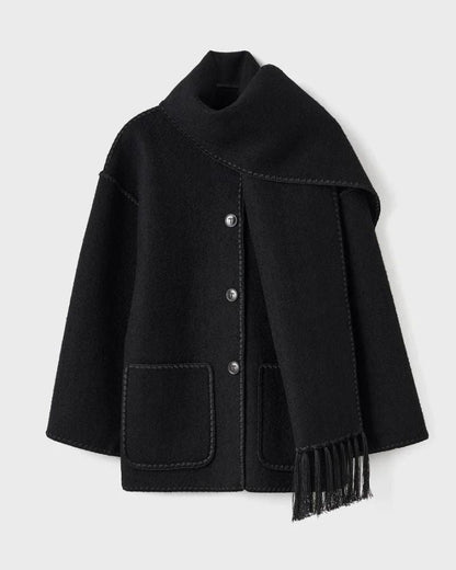 Elegante Capa de Lana para Mujeres con Cuello de Bufanda, Manga Larga, Costura a Mano y Flecos en Estilo Oversized
