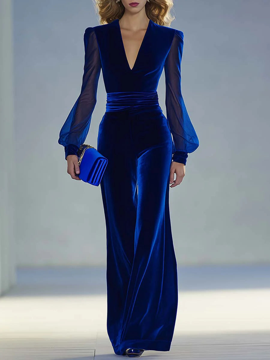 Mono de Terciopelo Elegante para Mujeres con Escote en V, Mangas Obispo Transparentes y Pierna Ancha Estilo Formal