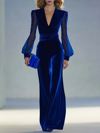 Mono de Terciopelo Elegante para Mujeres con Escote en V, Mangas Obispo Transparentes y Pierna Ancha Estilo Formal
