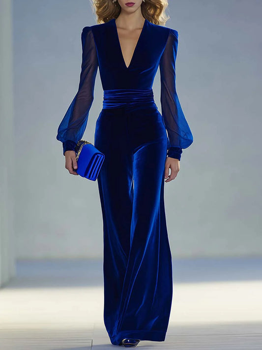 Mono de Terciopelo Elegante para Mujeres con Escote en V, Mangas Obispo Transparentes y Pierna Ancha Estilo Formal