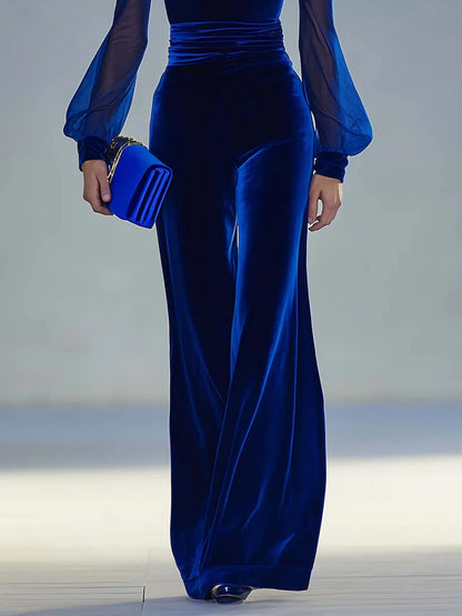 Mono de Terciopelo Elegante para Mujeres con Escote en V, Mangas Obispo Transparentes y Pierna Ancha Estilo Formal