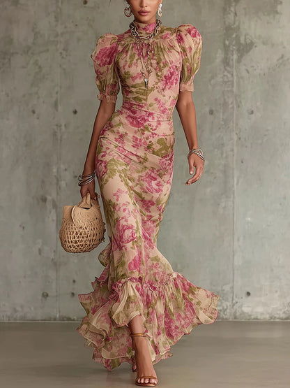 Elegante Vestido Maxi Floral Rosa para Mujeres con Cuello Alto, Mangas Abullonadas y Estilo Sirena