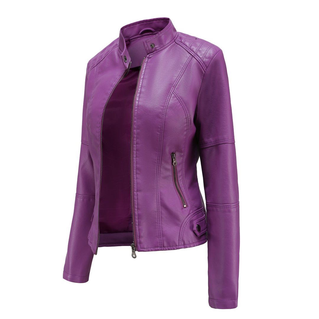 Chaqueta de Moto de Cuero Sintético Elegante para Mujeres con Cuello Alto, Manga Larga, Estilo Corto y Ajustado