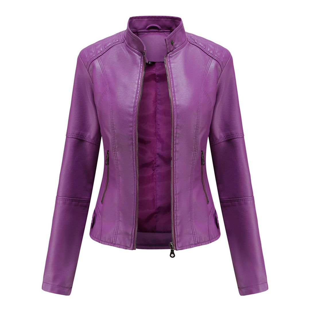 Chaqueta de Moto de Cuero Sintético Elegante para Mujeres con Cuello Alto, Manga Larga, Estilo Corto y Ajustado