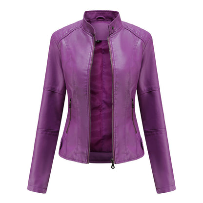 Chaqueta de Moto de Cuero Sintético Elegante para Mujeres con Cuello Alto, Manga Larga, Estilo Corto y Ajustado