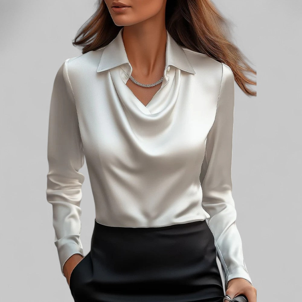 Blusa de Satén Elegante para Mujeres con Cuello de Cowl y Mangas Largas Estilo Sedoso