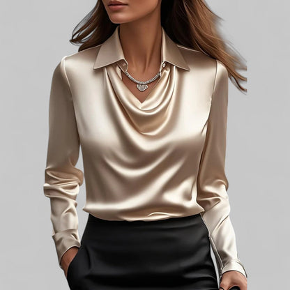 Blusa de Satén Elegante para Mujeres con Cuello de Cowl y Mangas Largas Estilo Sedoso