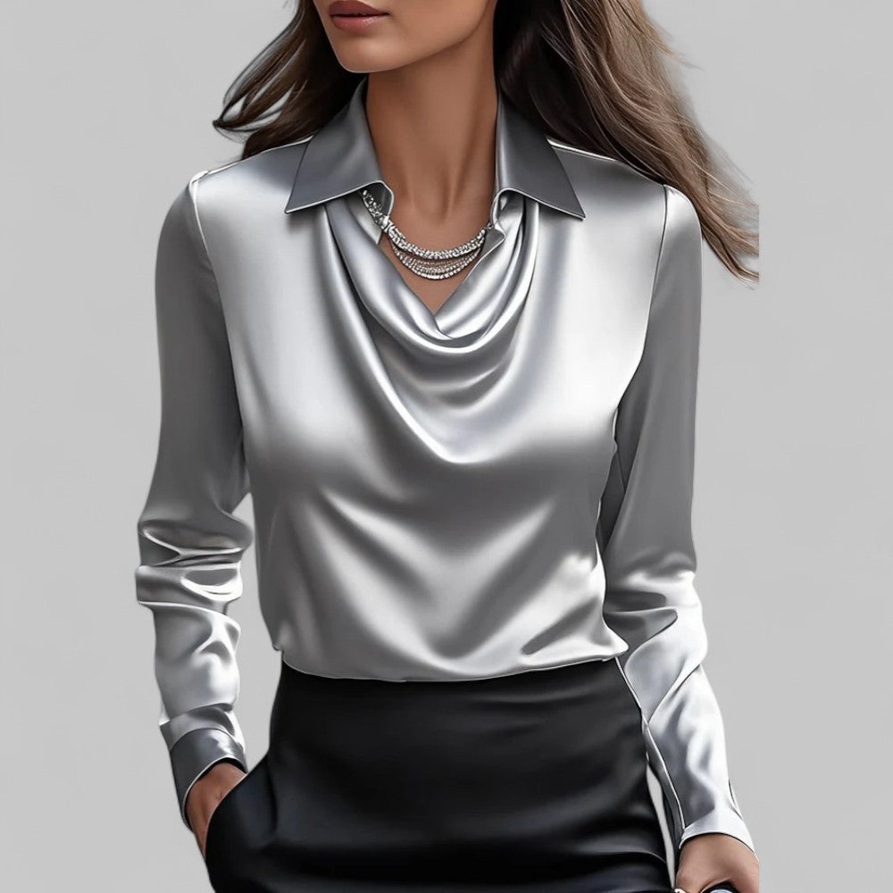 Blusa de Satén Elegante para Mujeres con Cuello de Cowl y Mangas Largas Estilo Sedoso