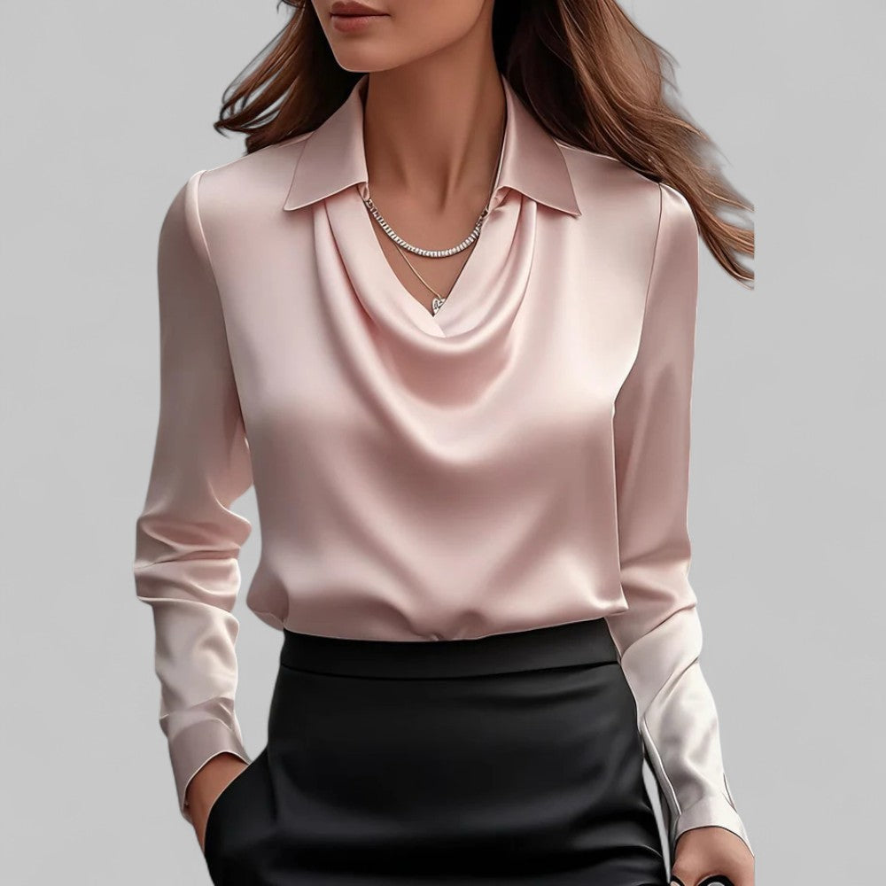 Blusa de Satén Elegante para Mujeres con Cuello de Cowl y Mangas Largas Estilo Sedoso