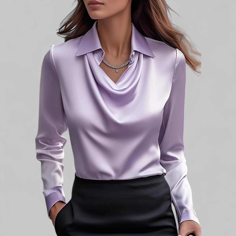 Blusa de Satén Elegante para Mujeres con Cuello de Cowl y Mangas Largas Estilo Sedoso