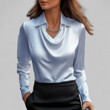 Blusa de Satén Elegante para Mujeres con Cuello de Cowl y Mangas Largas Estilo Sedoso