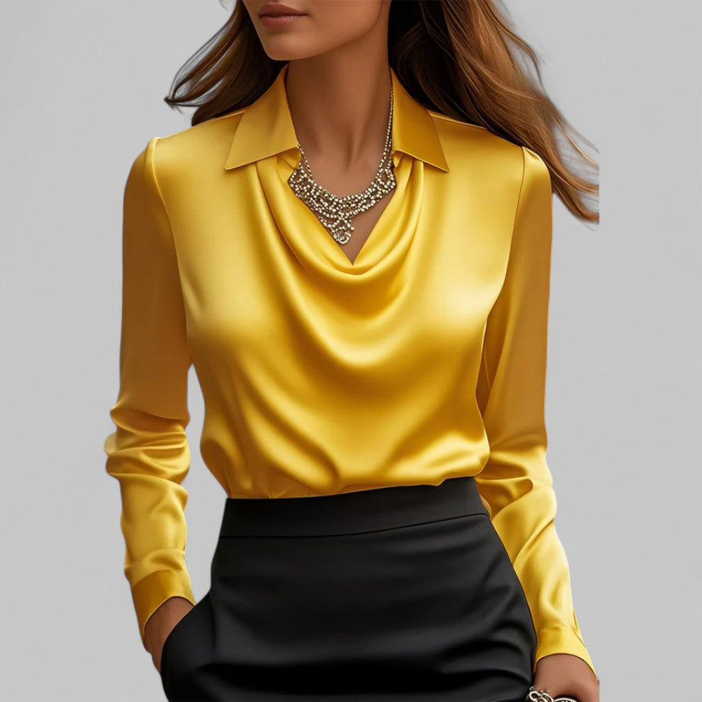 Blusa de Satén Elegante para Mujeres con Cuello de Cowl y Mangas Largas Estilo Sedoso