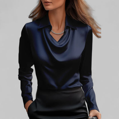 Blusa de Satén Elegante para Mujeres con Cuello de Cowl y Mangas Largas Estilo Sedoso