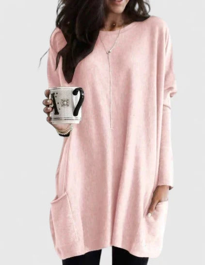Vestido de Suéter Cómodo para Mujeres con Cuello Redondo, Manga Larga, Bolsillo Frontal, Estilo Oversized