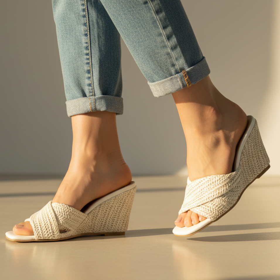 Sandalía de Cuña de Rafía Tejida con Estilo para Mujeres con Tira Trenzada Abierta en los Dedos y Plataforma