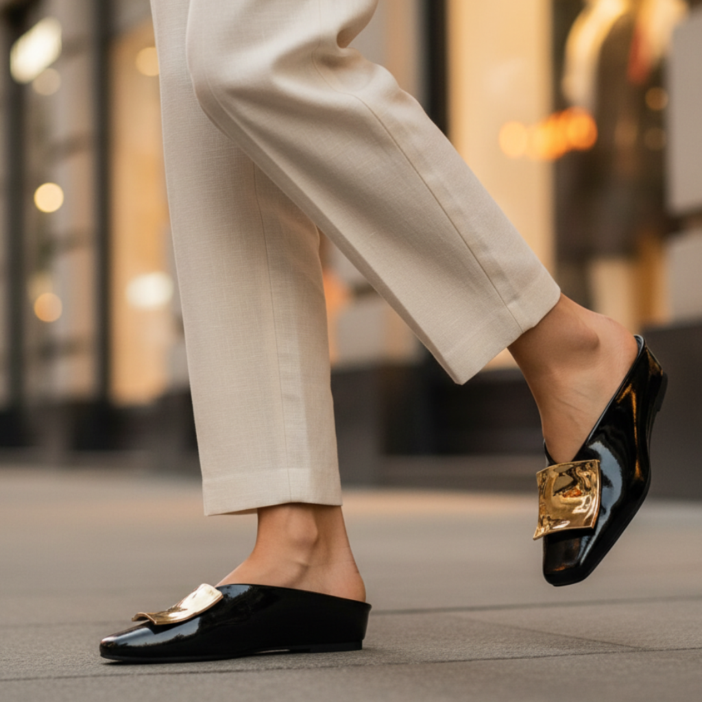 Mule Flats Elegantes de Cuero para Mujeres con Punta Cuadrada y Hebilla Dorada, Estilo Sin Talón y Fácil de Poner