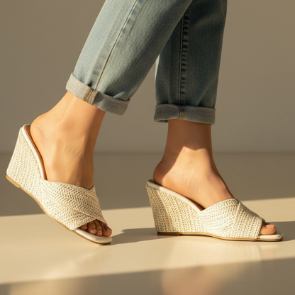 Sandalía de Cuña de Rafía Tejida con Estilo para Mujeres con Tira Trenzada Abierta en los Dedos y Plataforma