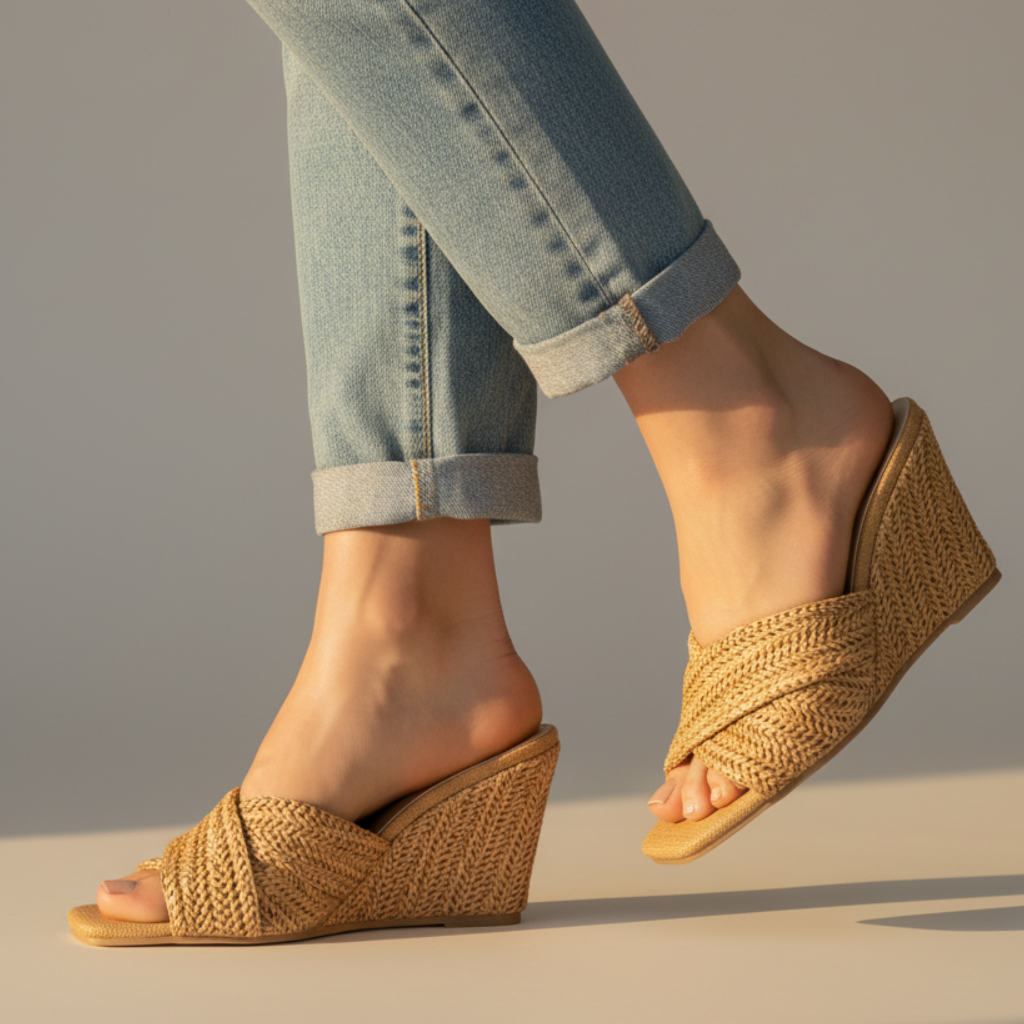 Sandalía de Cuña de Rafía Tejida con Estilo para Mujeres con Tira Trenzada Abierta en los Dedos y Plataforma