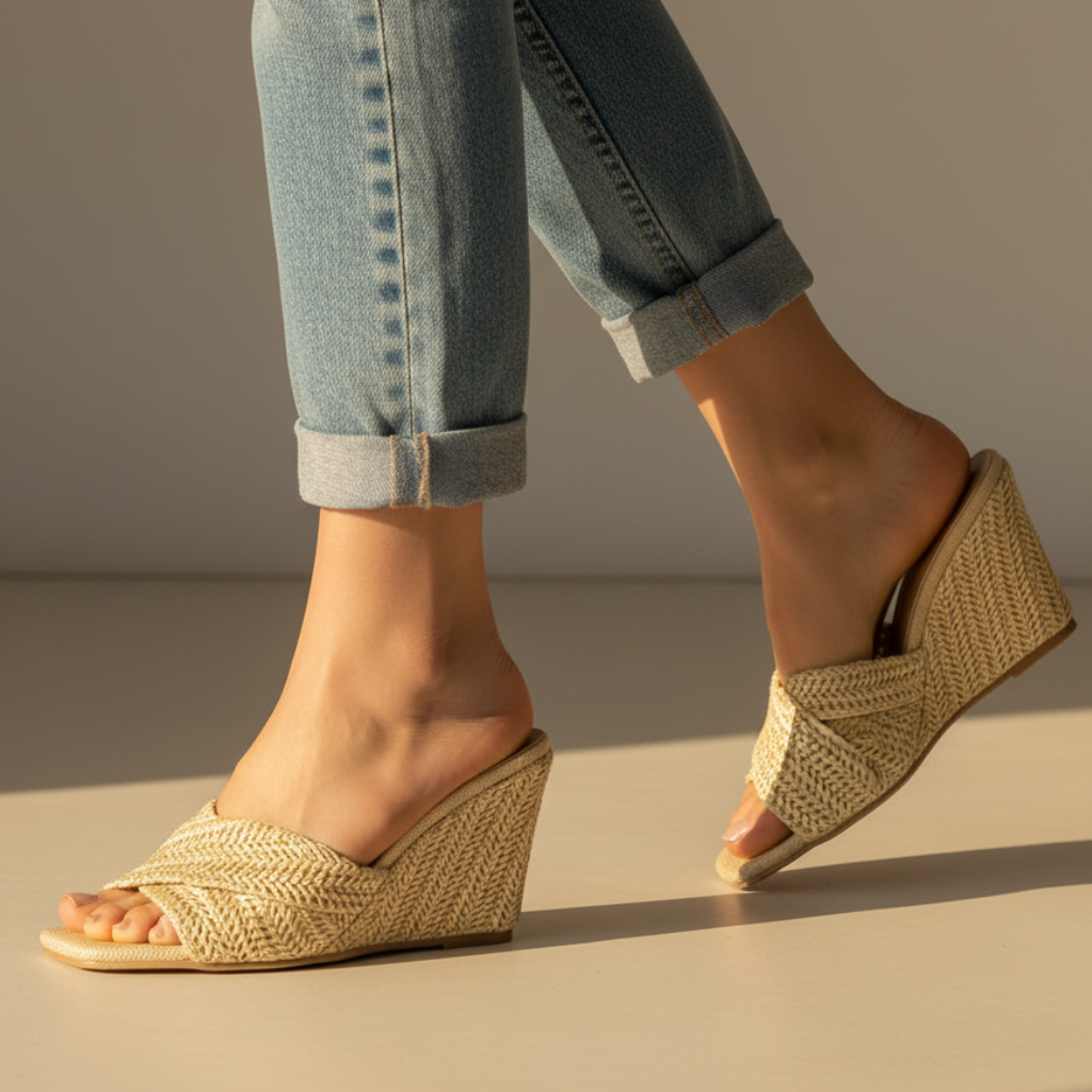 Sandalía de Cuña de Rafía Tejida con Estilo para Mujeres con Tira Trenzada Abierta en los Dedos y Plataforma