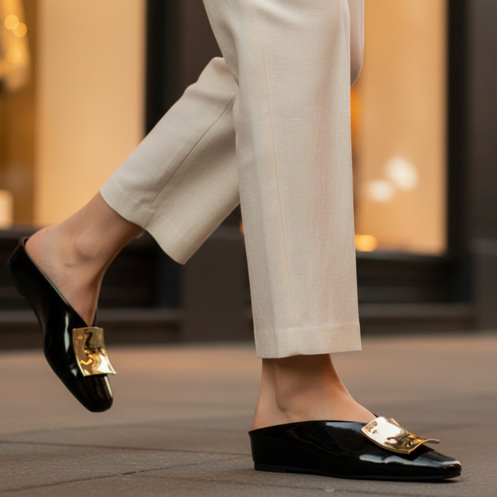 Mule Flats Elegantes de Cuero para Mujeres con Punta Cuadrada y Hebilla Dorada, Estilo Sin Talón y Fácil de Poner