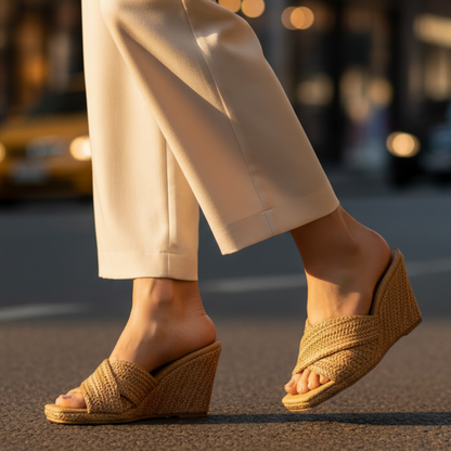 Sandalía de Cuña de Rafía Tejida con Estilo para Mujeres con Tira Trenzada Abierta en los Dedos y Plataforma