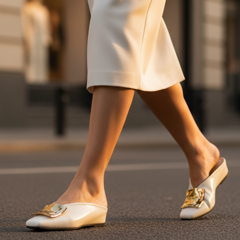 Mule Flats Elegantes de Cuero para Mujeres con Punta Cuadrada y Hebilla Dorada, Estilo Sin Talón y Fácil de Poner