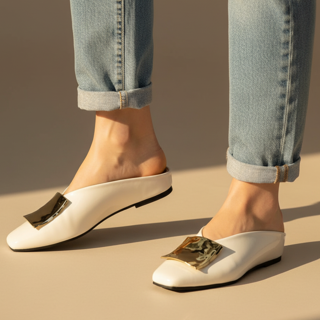 Mule Flats Elegantes de Cuero para Mujeres con Punta Cuadrada y Hebilla Dorada, Estilo Sin Talón y Fácil de Poner