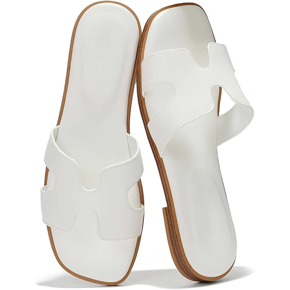 Sandalias de Cuero Cómodas para Mujeres con Correa Recortada y Punta Cuadrada, Estilo Plano