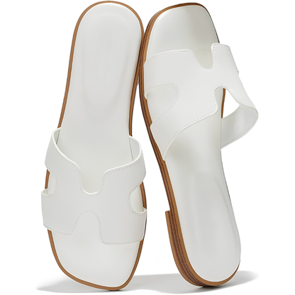 Sandalias de Cuero Cómodas para Mujeres con Correa Recortada y Punta Cuadrada, Estilo Plano