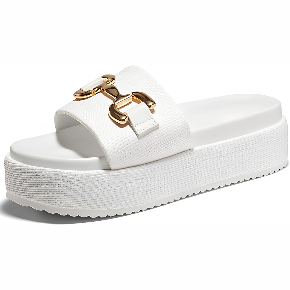 Sandalias de Deslizamiento Cómodas para Mujeres con Correa Tejida y Detalle de Hebilla Dorada, Estilo de Plataforma Abierto