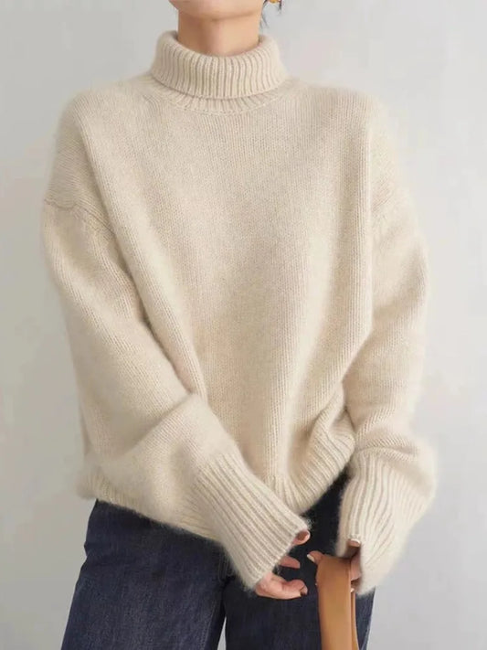 Suéter de Punto Grueso Cómodo para Mujeres con Cuello Alto de Manga Larga Estilo Relajado y Oversized