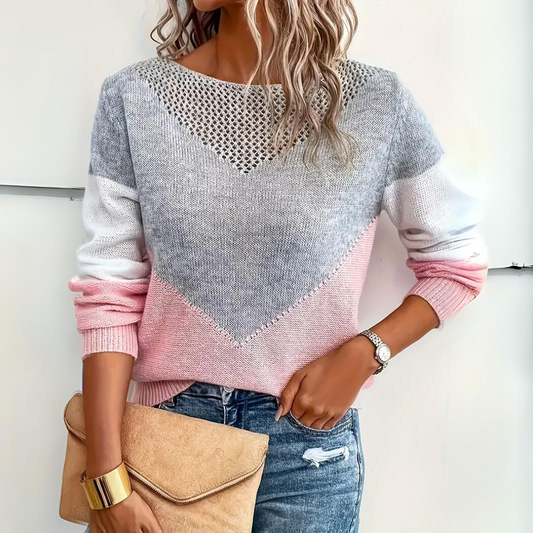 Suéter cómodo colorblock en rosa y gris para mujeres con cuello redondo, manga larga y detalles de crochet