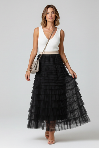 Falda Midi Elegante para Mujeres con Cintura Alta Elástica en Tulle con Capas y Volantes Estilo Formal Casual