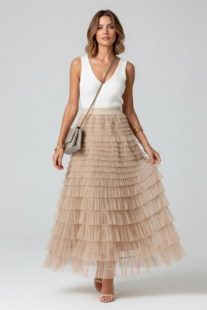 Falda Midi Elegante para Mujeres con Cintura Alta Elástica en Tulle con Capas y Volantes Estilo Formal Casual
