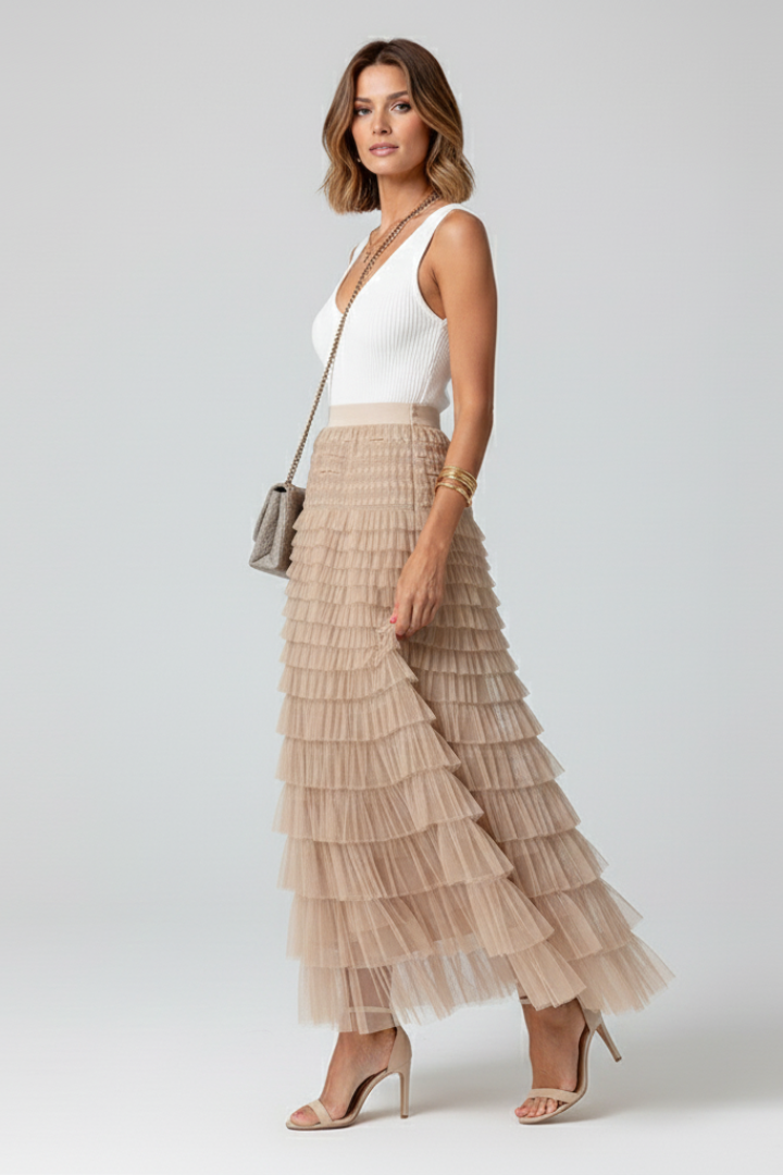 Falda Midi Elegante para Mujeres con Cintura Alta Elástica en Tulle con Capas y Volantes Estilo Formal Casual