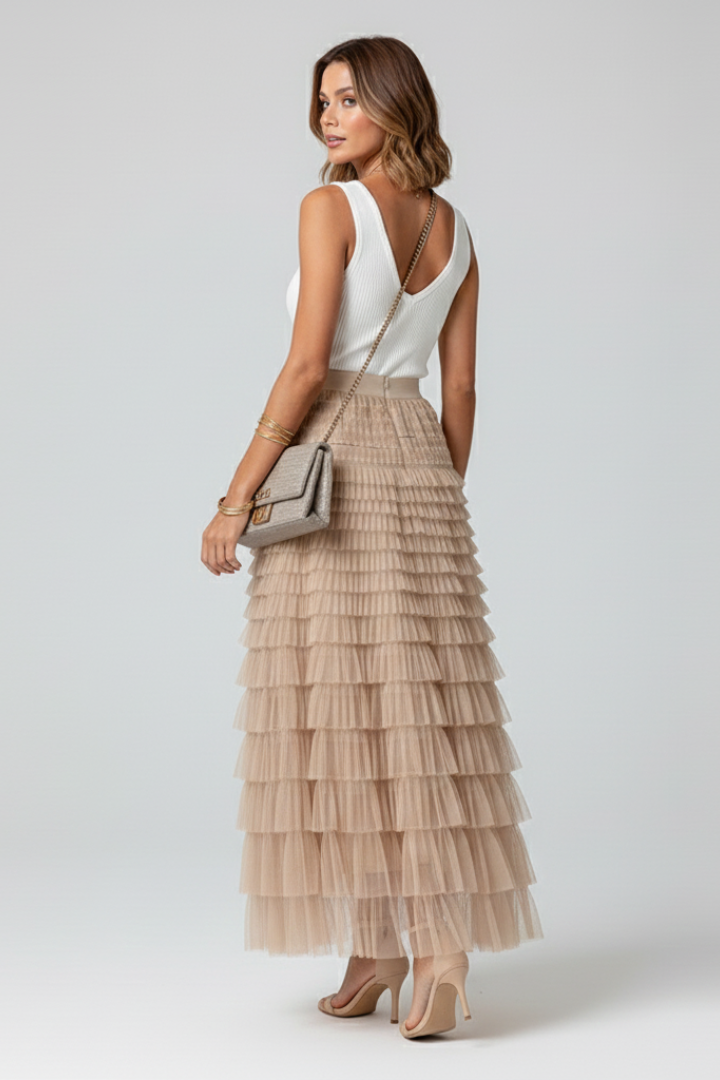 Falda Midi Elegante para Mujeres con Cintura Alta Elástica en Tulle con Capas y Volantes Estilo Formal Casual