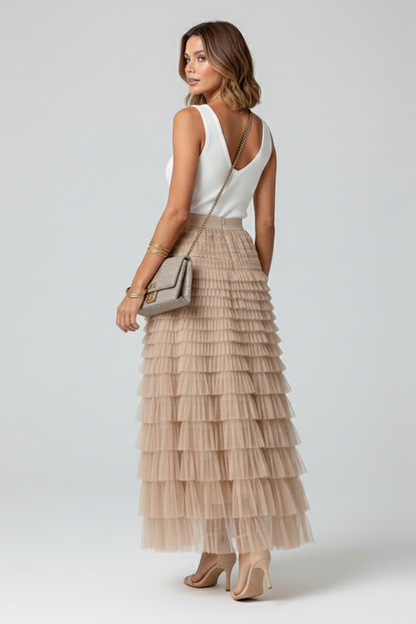 Falda Midi Elegante para Mujeres con Cintura Alta Elástica en Tulle con Capas y Volantes Estilo Formal Casual