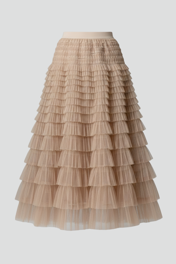 Falda Midi Elegante para Mujeres con Cintura Alta Elástica en Tulle con Capas y Volantes Estilo Formal Casual