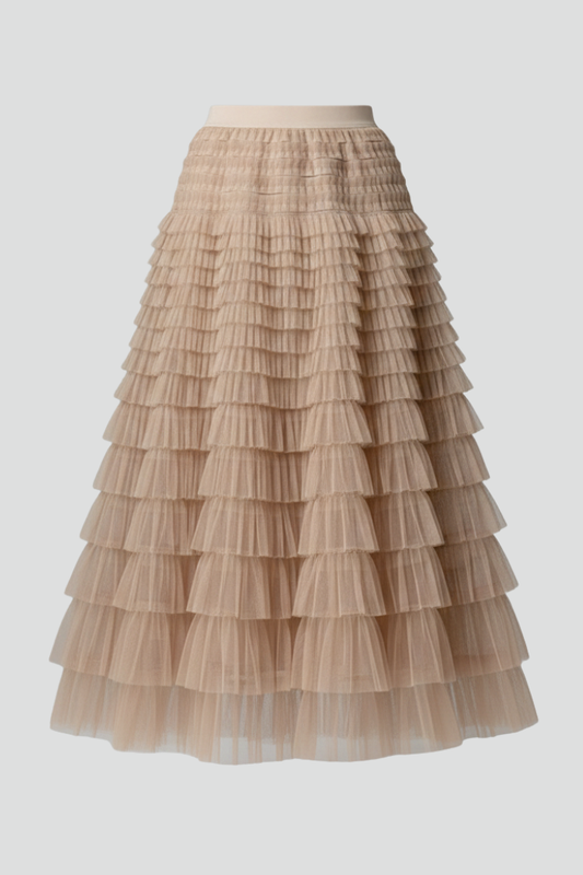 Falda Midi Elegante para Mujeres con Cintura Alta Elástica en Tulle con Capas y Volantes Estilo Formal Casual