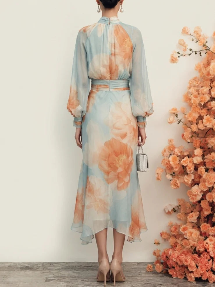 Elegante Vestido Midi Floral Azul Claro para Mujeres con Cuello de Llave y Manga Obispo, Estilo Fluyente para Invitadas de Boda