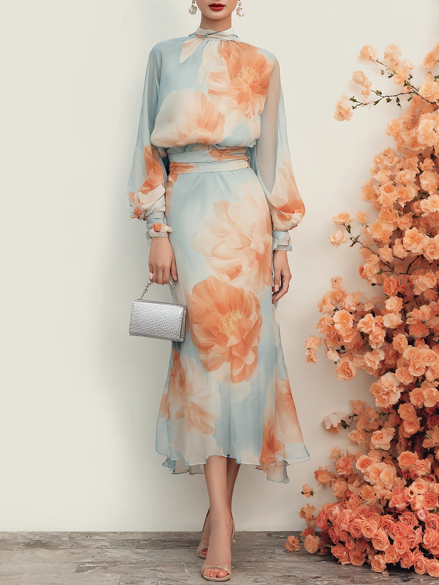Elegante Vestido Midi Floral Azul Claro para Mujeres con Cuello de Llave y Manga Obispo, Estilo Fluyente para Invitadas de Boda