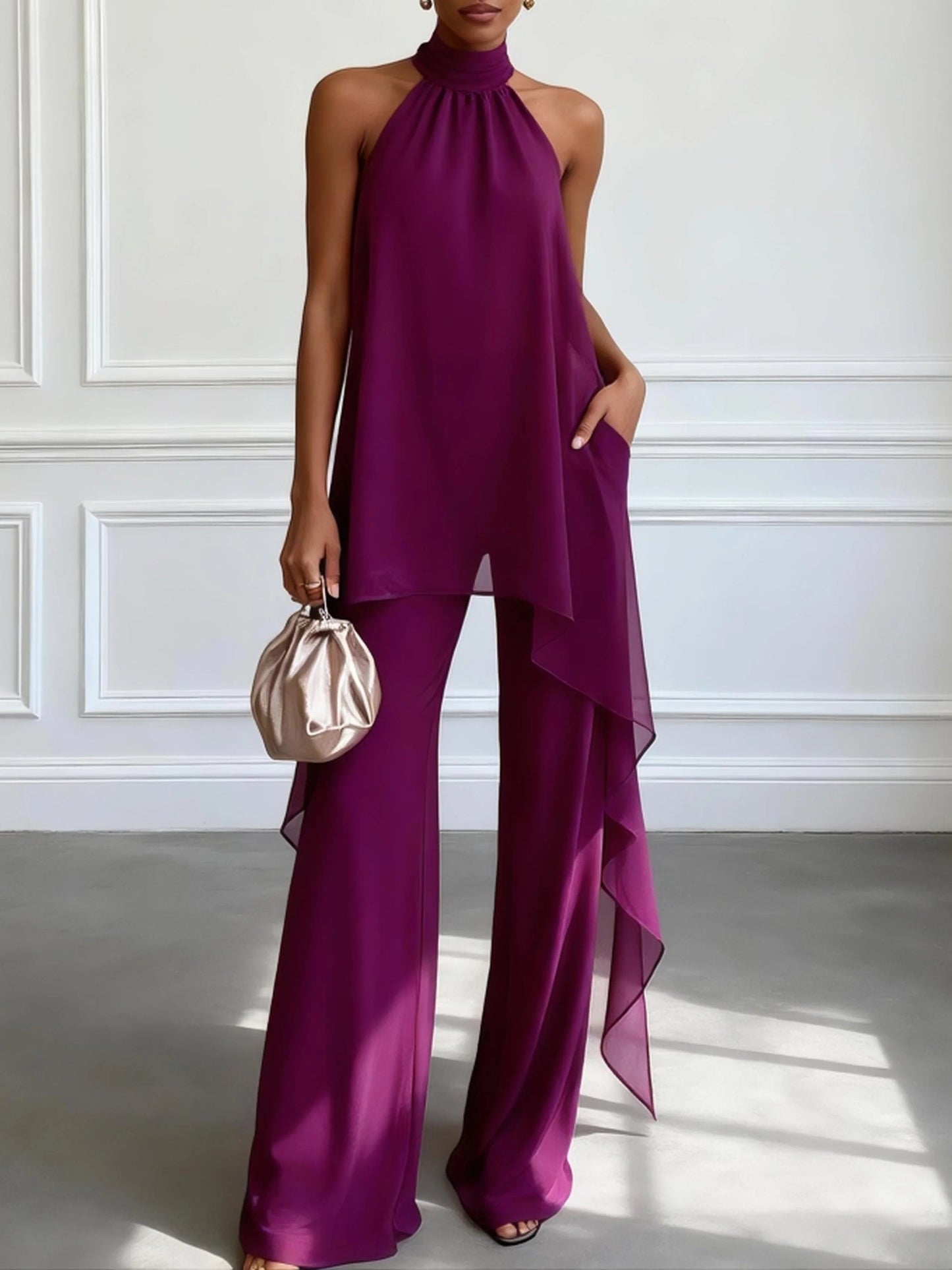 Conjunto Elegante de Chifón Púrpura de Dos Piezas para Mujeres con Cuello Halter Alto y Pantalones de Pierna Ancha Estilo Formal