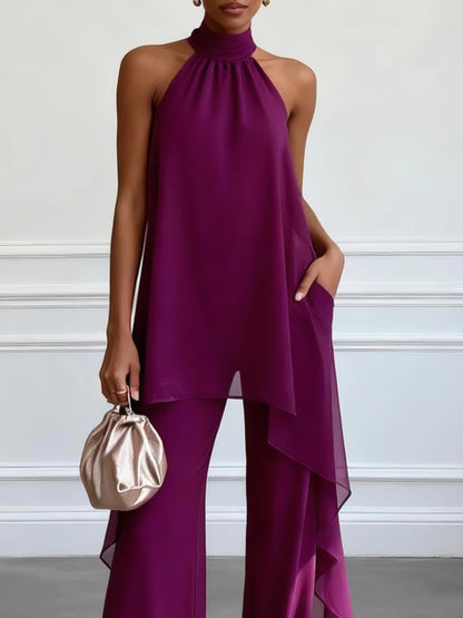 Conjunto Elegante de Chifón Púrpura de Dos Piezas para Mujeres con Cuello Halter Alto y Pantalones de Pierna Ancha Estilo Formal