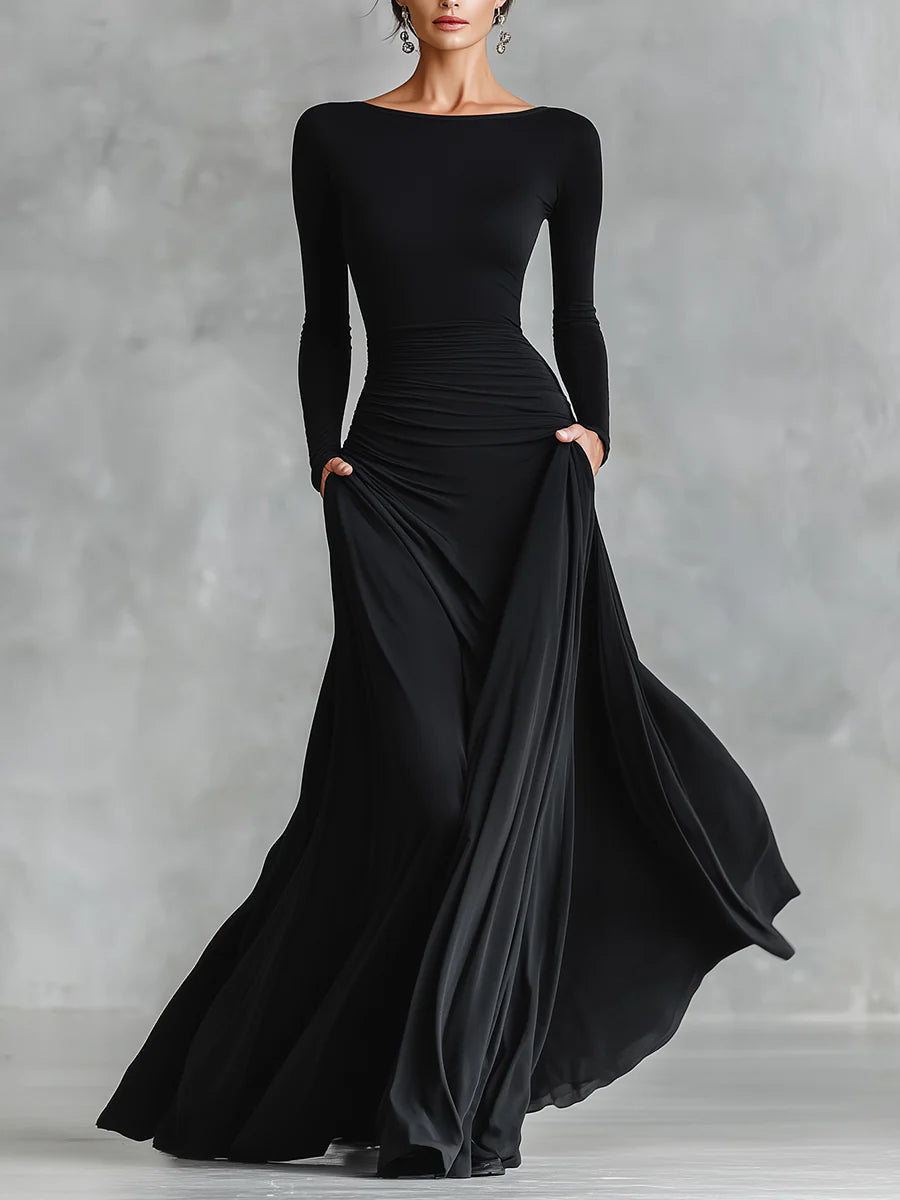 Elegante Vestido Maxi Negro para Mujeres con Cuello Barco, Manga Larga y Estilo Fruncido