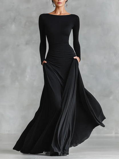 Elegante Vestido Maxi Negro para Mujeres con Cuello Barco, Manga Larga y Estilo Fruncido